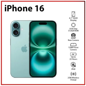 (New) Apple iPhone 16 5G 8GB+512GB TEAL Dual SIM Unlocked iOS Mobile Phone - Picture 1 of 8