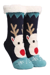 REINDEER PATTERN LUXURY SOFT NON-SLIP SHERPA SOCKS - Picture 1 of 1