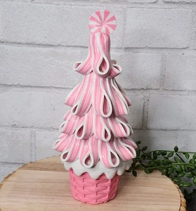 Christmas Gingerbread Pink Ribbon Tree Figurine Peppermint Candy Clay 9.5" - Picture 1 of 7