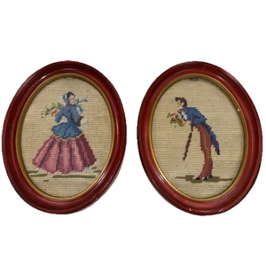 Vintage Needlepoint Art Framed Finished Lady and Gentlemen Caller Lot Of 2 Read - Picture 1 of 14