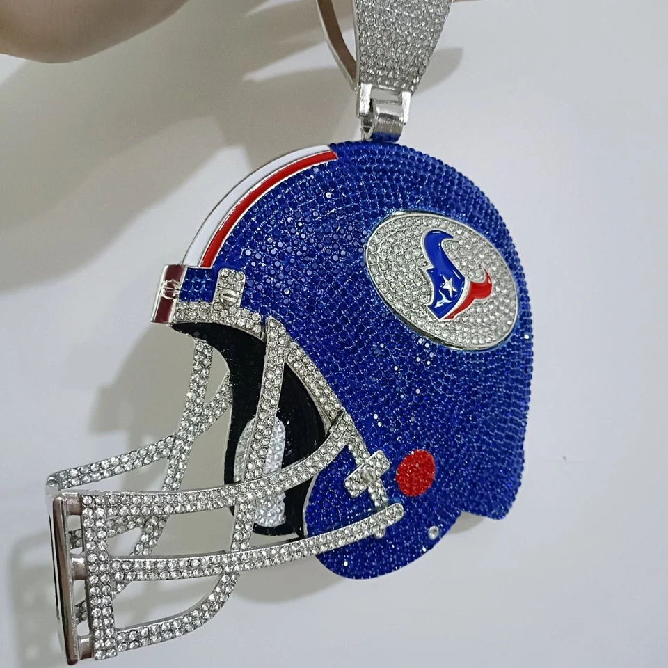 Collar Casco H. Texans 6" y 8" Bling Hecho a Mano Colgante + Cadena de Regalo 23" Foto 1 de 1