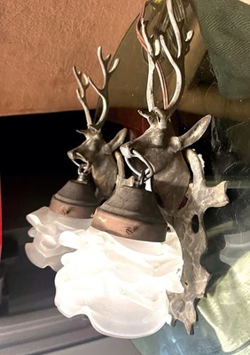 Pair of Antique Louis XVI Bronze Elk Light Wall Sconces w Mirror Reflectors — 第 1/4 张图片