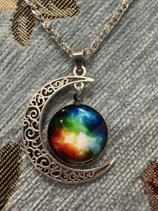 Silver-Tone Crescent Moon with Rainbow Glass Cabochon Pendant & Chain 2”x1.5” - Picture 1 of 13