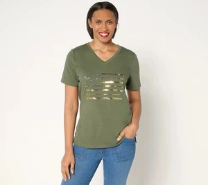 Denim & Co. Sz 1X Americana Favorite Jersey Sequin Flag V-Neck Top OLIVE A682277 - Picture 1 of 1