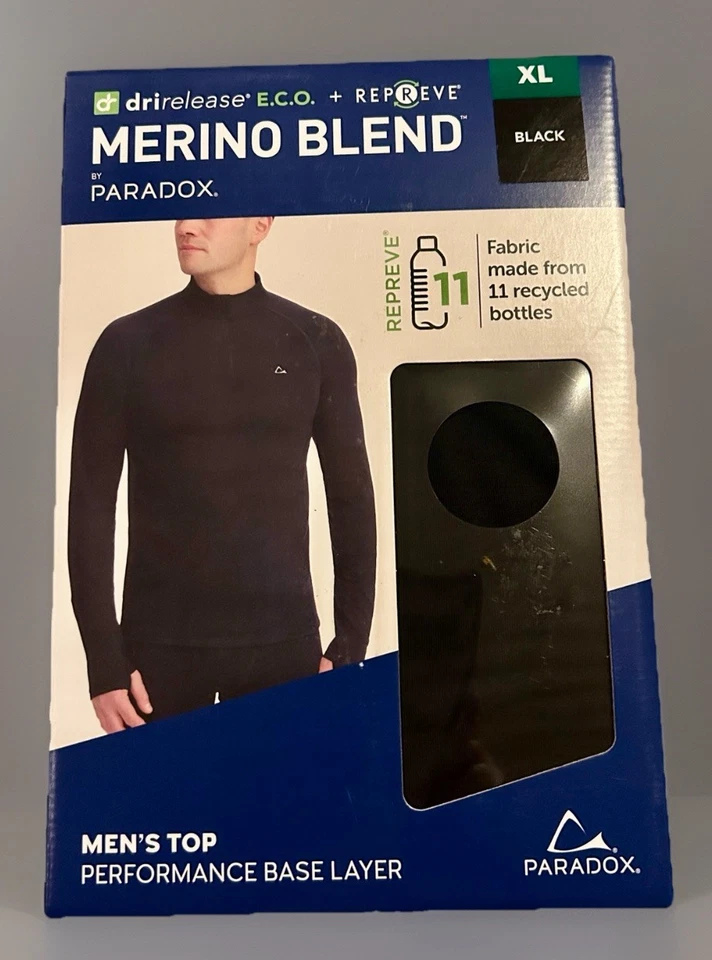 Paradox Men's 1/4 Zip Merino Blend Performance Base Layer Top Black Size L