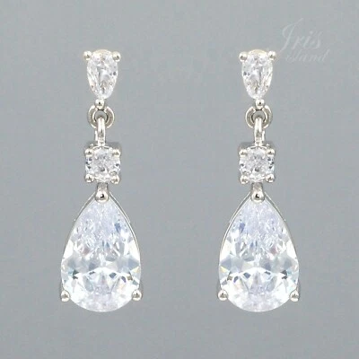 18K White Gold Plated Cubic Zirconia Wedding Drop Dangle earrings Bridesmaids 22 - Image 1 of 4