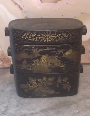 Старинный Chinoiserie Koi рыбы бумаги маше черное золото сложены коробки ланчбокс - Изображение 1 из 4