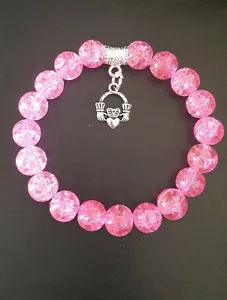 Stunning Irish Claddagh charm pink 10mm crackle glass bead bracelet gift bag - Picture 1 of 5