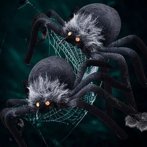 2 Pk Spider Halloween Decor Haunted House Prop with Web Poseable Indoor Outdoor - Picture 1 of 16