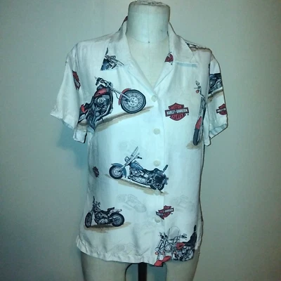 Harley-Davidson Cream & Motorcycle Print 100% Silk Blouse Top Shirt M   Foto 1 de 4