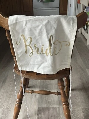 Wedding bride & groom chair fabric sign set- white(cream) w/gold lettering - Image 1 of 4