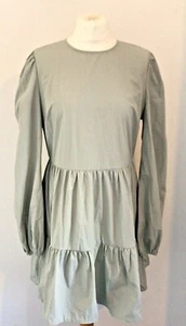 Missguided Sage Green Long Puff Sleeves Short Tiered Dress Size 14 (Small) BNWTs - Picture 1 of 9
