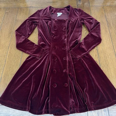 Vtg Luly K Burgundy Velour Button Up Square Neck A Line Dress Womens M Read - Image 1 of 4