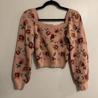 Suéter para mujer Willow & Wind floral rosa manga abullonada XS festoneado Foto 1 de 4