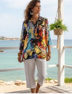 Top túnica de lino John Mark estampado abstracto 3/4 MEDIANO Lagenlook arte para usar artístico - Imagen 1 de 9