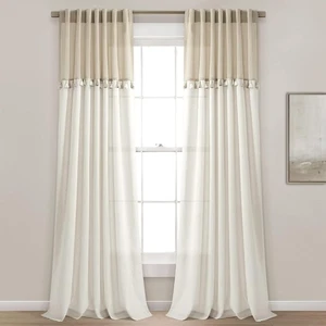 Lush Decor Boho Faux Tassel Linen Window Curtain Panel pair Off White 42" x 84"L - Picture 1 of 5