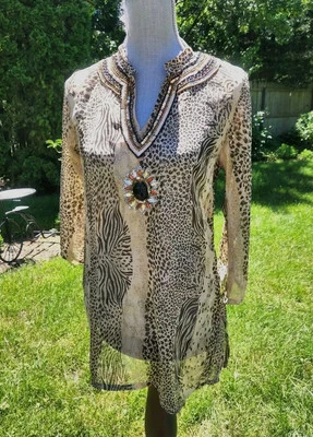 Vintage Beach Sheer Cover Up Leopard Animal Print ¾ Sleeve Flawless - Imagem 1 de 4
