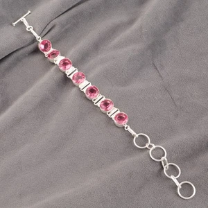 925 Silver Round Cut Natural Pink Tourmaline Wedding Anniversary Chain Bracelet - Picture 1 of 6
