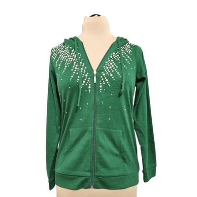 NEW Quacker Factory Green. Beaded Hooded Pocket Full Zip Green Cotton Jacket XXS - Image 1 of 4