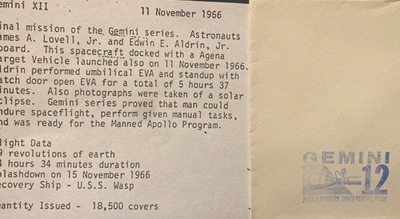 GEMINI 12 Launch + Official NASA Blue Cachet  ; KSC 11 NOV 1966 ON FLAG STAMP - Image 1 of 4