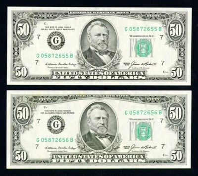 1985 2 CONSECUTIVE $50 BILLS HQ CHICAGO FEDERAL RESERVE BANK ULYSSES S. GRANT - Image 1 of 2