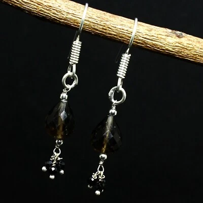 Natural Smoky Quartz Solid 925 Silver  Gemstone Handmade Earring Gift Jewelry - Image 1 of 4
