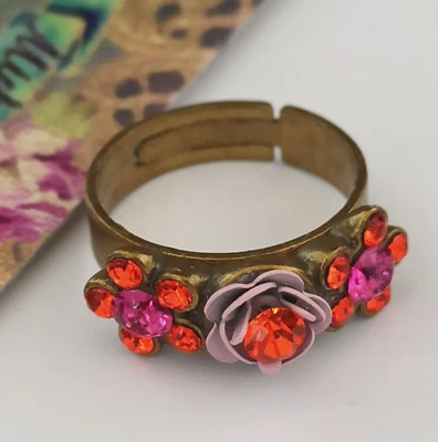 Michal Negrin Ring Floral Band Rose Hot Orange Pink Crystals Romantic Statement - Image 1 of 4