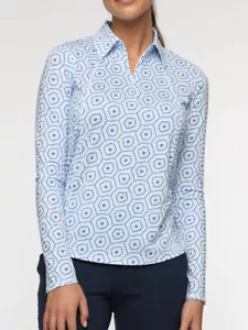 Belyn Key Glacier Long Sleeve Women's Golf Shirt Burst Print Blue XS XL NWT NEW - Picture 1 of 7