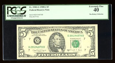 DBR 1988-A $5 Chicago Fr. 1980-G PCGS XF-40 Serial G29194870D - Image 1 of 2