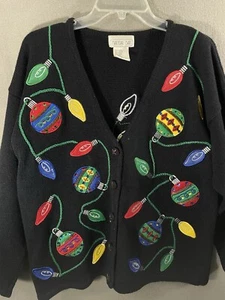 Christmas Cardigan Sweater Lights Black Button Up Womens Size Large Mandal Bay - Picture 1 of 16