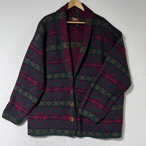 90s 100% Wool ALPS Fine Apparel Aztec Long 3 Button Cardigan Native Boho XL USA - Picture 1 of 8