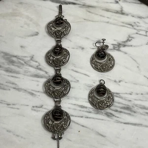 Vintage Antique Elsa Schiaparelli Silver Bracelet & Earrings, All Pieces Signed - Picture 1 of 7