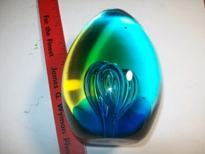5x3.5" blue,egg shaped with 3 egg bubbles art glass paperweight,gold accent - Picture 1 of 5
