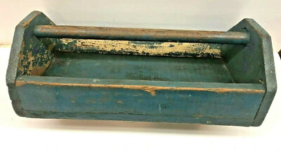 Antique 17" Primitive Wooden Table Box in Dry Blue Paint Folk Art Carry Tote - Image 1 of 4