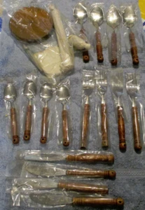 Whitehall Mid Century Modern Wood Handled 16 PC. Flatware Set Serves 4 w Holder - Picture 1 of 10