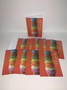 (10) Tarjeta de nota en blanco de agradecimiento con sello: cono de helado arco iris colorido feliz - Imagen 1 de 5