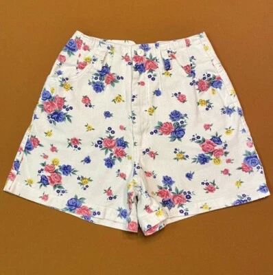 "Pantalones cortos vaqueros cintura alta rosas blancas, rosas y azules vintage años 90 cintura 24""" Foto 1 de 4