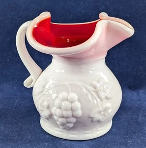 Kanawha Cased Red & White Milk Glass Pitcher With Grapes & Leaves Design w/Label - Picture 1 of 7