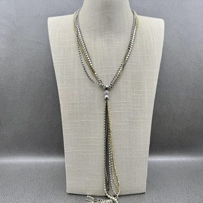 WHBM Colar de Borla Multi Strand Corrente de Bola de Cristal Camadas Prata Tom Dourado - Imagem 1 de 4