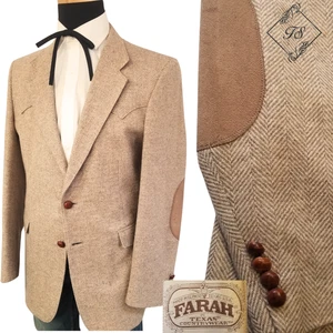 VTG Farah Western Yoke Tweed H.Bone Men Blazer 44R Sport Coat Jacket Rockabilly - Picture 1 of 18