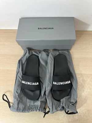 Balenciaga Black & White Logo Pool Slides w/ Original Box - Womens Size US9 EU40 - Image 1 of 4