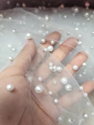 White Pearls Tulle Beads 52" W Bridal Veil Lace fabric Sold By The Yard Wedding  - Image 1 of 4