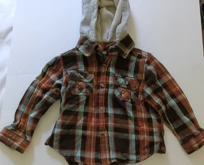 Green dog Button Up Hooded Long Sleeves Boys Size 18 Mo Plaid Brown 100% Cotton - Image 1 of 4