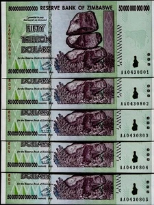 5 x 2008 50 TRILLION DOLLARS ZIMBABWE BANKNOTE, AA P-90 GEM UNC - Picture 1 of 5