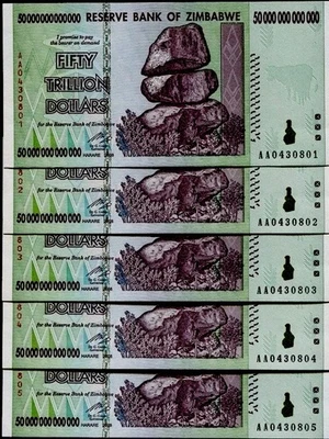 5 x 2008 50 TRILLION DOLLARS ZIMBABWE BANKNOTE, AA P-90 GEM UNC - Image 1 of 4