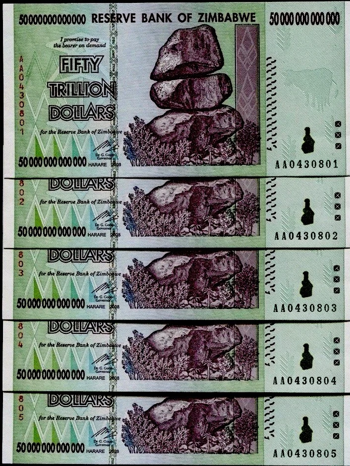 5 x 2008 50 TRILLION DOLLARS ZIMBABWE BANKNOTE, AA P-90 GEM UNC - Image 1 of 4