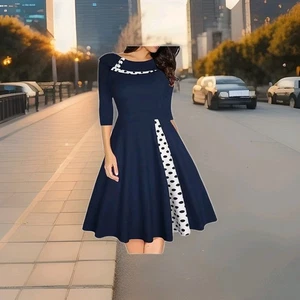 NWOT Emery Rose Dress SZ 5XL Blue White PolkaDot 3/4 Sleeve FitFlare 1950s Style - Picture 1 of 10