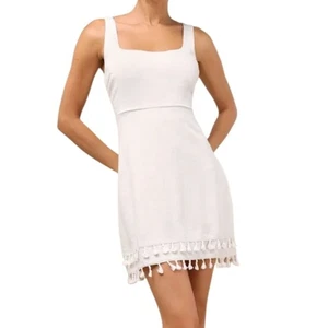 Mini abito donna Lulus bianco misto lino orlo nappa senza maniche taglia S nuovo con etichetta - Foto 1 di 16