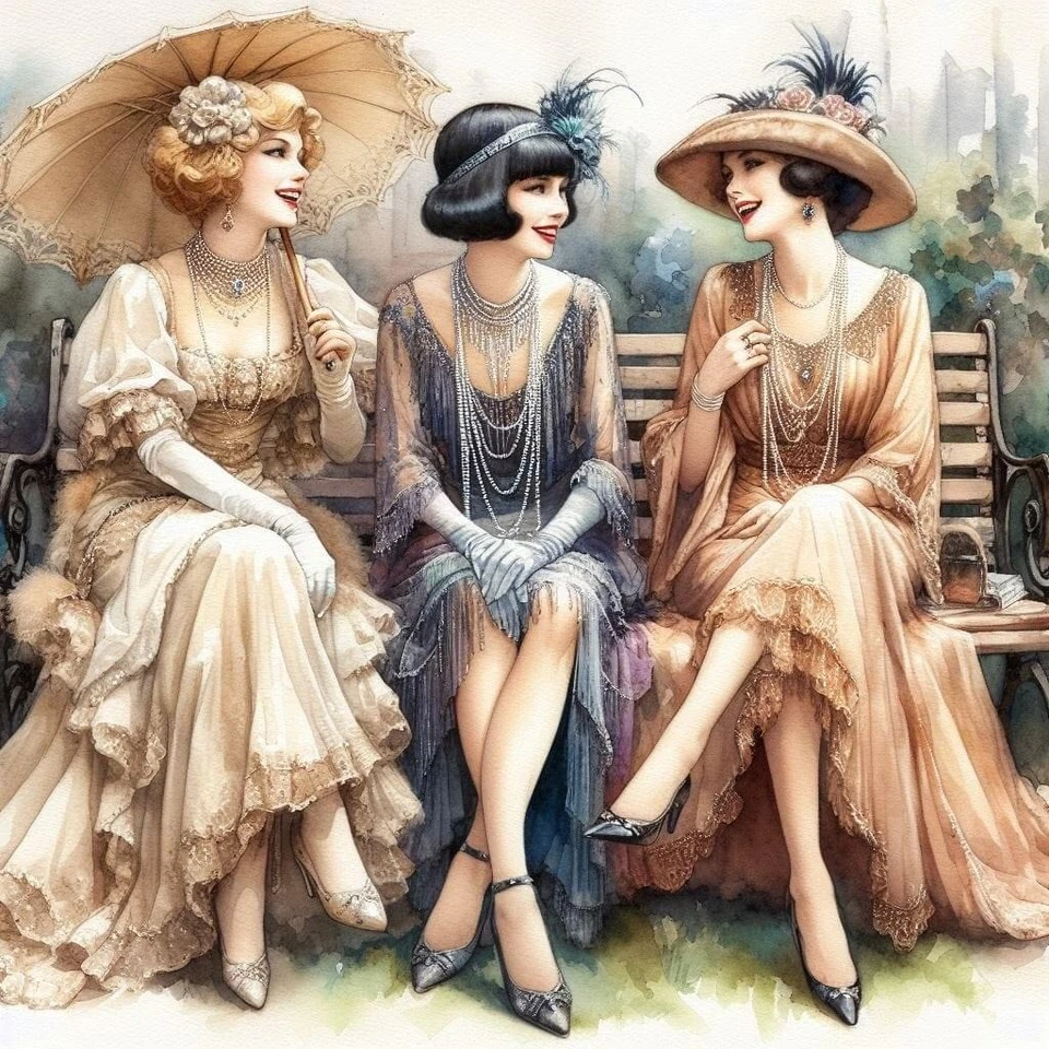 Vintage Art Deco Ladies at the Park #2 - 8x8 Cotton Quilt Crafting Fabric Block - Image 1 of 1