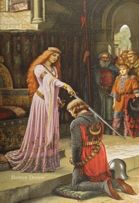 JACQ DE PARED. TAPIZ MEDIEVAL TEJIDO The Accolade - Arte Leighton ESCENA CABALLERO REINA Foto 1 de 3